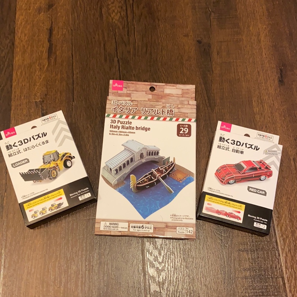 3 Daiso JAPAN 3D Puzzle Set ITALY RIALTO BRIDGE , LOADER, and RED CAR NEW